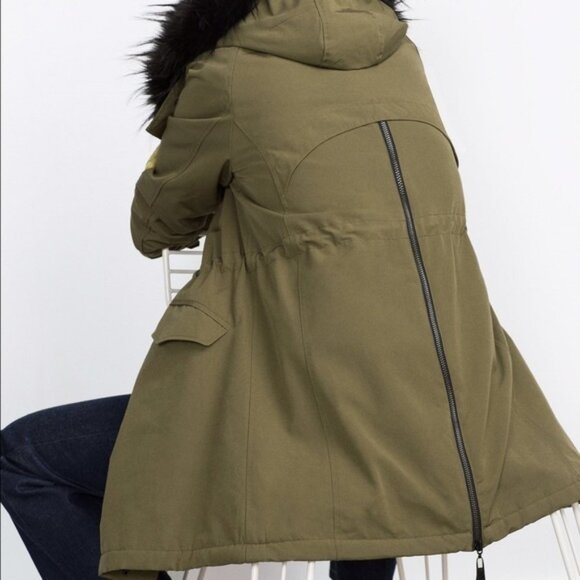 Zara Basic Olive Parka with Detachable Faux Fur Hoodie - Picture 2 of 12